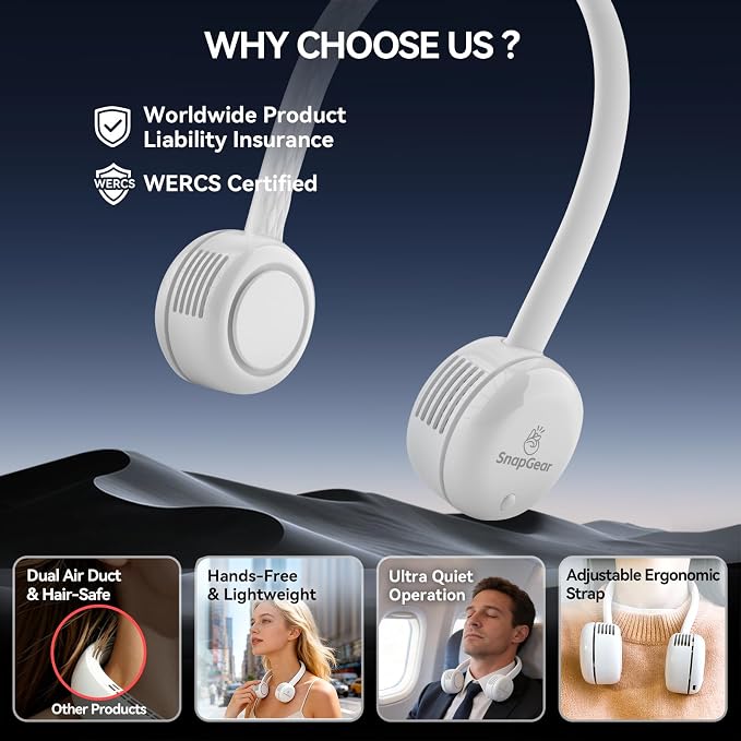 Neck Fan DUO, Lightweight Hair - Safe Bladeless Design, Dual Motors 360° Cooling, Foldable, 3 Speeds USB Rechargeable, Blue