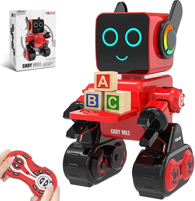 Robots for Kids, Remote Control Robot Toy Intelligent Interactive LED Light Speaks Dance Moves Built-in Coin Bank Programmable Rechargeable RC Robotic Kit (Red)