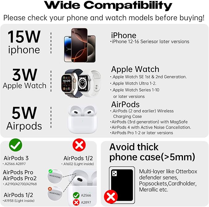 3 in 1 Charging Station for Apple,Fast Magnetic Wireless Charger for Multiple Devices iPhone 16/15/14/13/12,for Airpods and Apple Watch Magsafe Charging Dock Stand