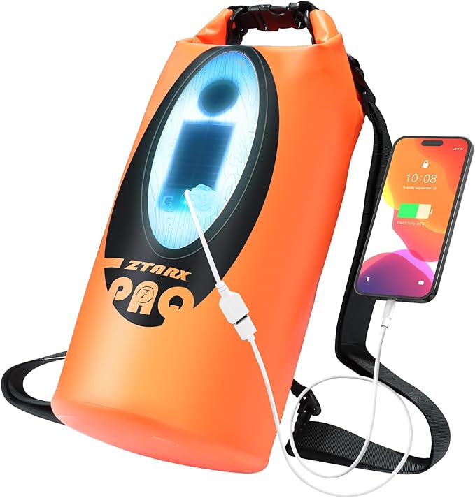 FELICON Waterproof Dry Bag Backpack with Bluetooth Speaker, 20L Roll Top Floating Sack, Solar & USB-C Powered Emergency Charger, RGB Light, Heavy Duty PVC for Kayaking Camping, Orange