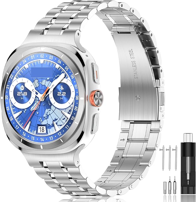 SUPLINK Stainless Steel Band Compatible with Samsung Galaxy Watch Ultra Bands Men Women, Adjustable Metal Replacement Band for Samsung Watch Ultra Bands 47mm, Silver
