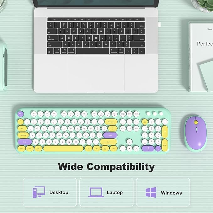 MOFII Wireless Keyboard and Mouse Combo, Full-Size Retro Typewriter-Style Wireless Keyboard with Optical Mouse for Computer/Laptop/Windows/Mac (Mint Colorful)