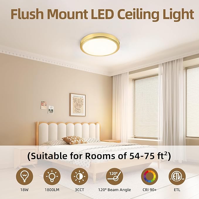 Hlite 6pack 9 Inch Flush Mount LED Ceiling Light Fixture,18W 1800LM Super Slim Light Fixtures Ceiling Mount 3000K/4000K/5000K 3CCT Selectable,Light Fixtures for Kitchen,Bedroom (Gold)
