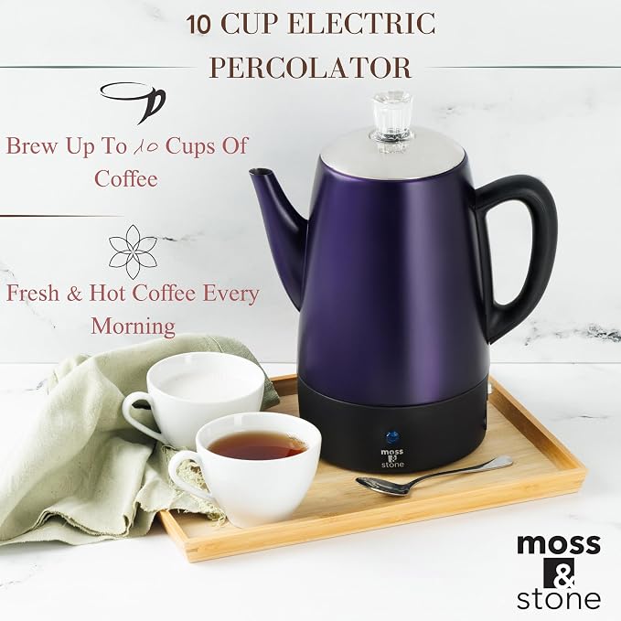 Moss & Stone 10 Cup Purpale Percolator Coffee Pot Electric, Stainless Steel Coffee Percolator Electric With Keep Warm Function, Classic Perculator Pot With Removable Basket for Home or Office