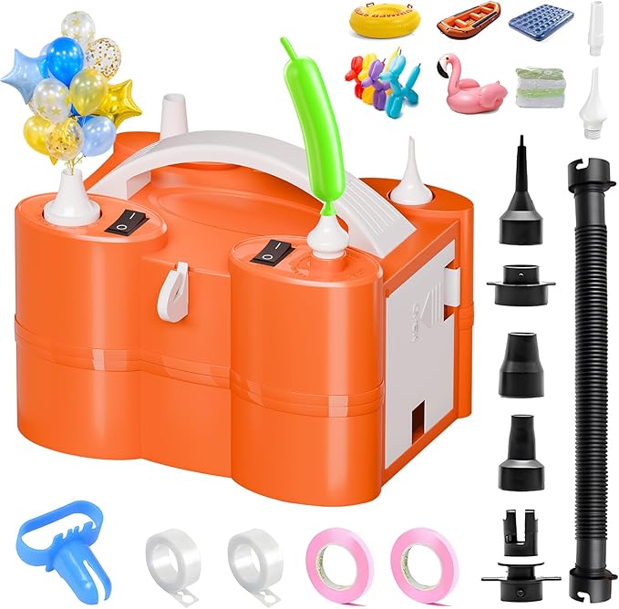 FLSEPAMB Electric Balloon Pump, 3-in-1 Portable Electric Air Balloon Blower Machine Balloon Pump 2 Motor Dual Nozzle Balloon Inflator for Latex 260Q Long Foil Balloons Swimming Rings Air Beds