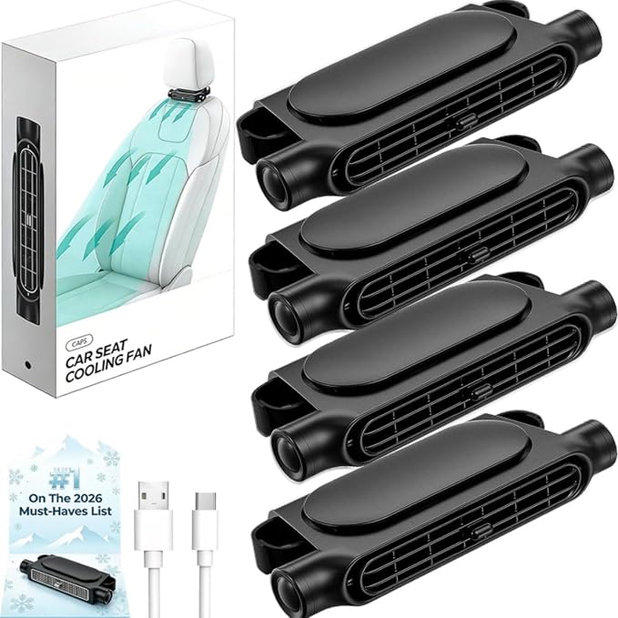 4PCS Car Seat Fan, Portable Car Fans for Backseat for Kids, USB Rechargeable Backseat Neck Cooling Air Conditioner Cooler Vent Clip on Fan with 3 Adjustable Wind Speeds Device for All Cars-Black