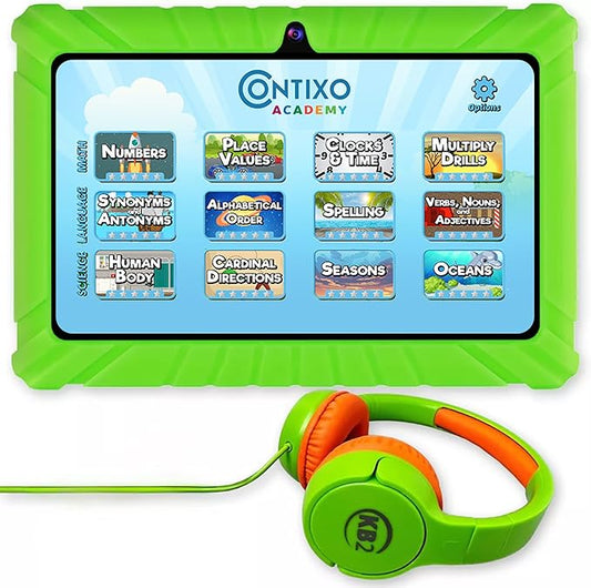 Contixo Kids Tablet Bundle - 7-inch IPS, Pre-Loaded 14 Academy APP, Learning Tablet for Ages 3-12, Parental Controls & Kid Safe, with Ear Headphones & Tablets - Green
