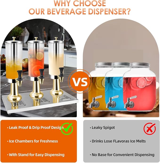 Hot and Cold Beverage Dispenser with Stand, 2.38 Gallon All-in-One Commercial Drink Dispenser with Ice Core&Stainless Steel Drip Trays for Parties, Beer Bar, Coffee (GOLD, 3 Head-2.38 GAL)