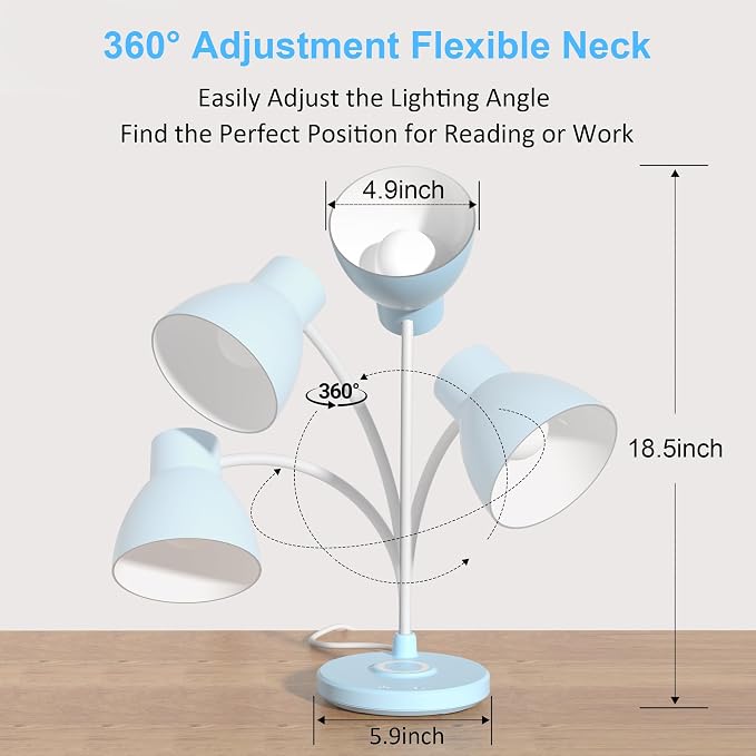 Desk Lamps for Home Office - LED Desk Lamp with Wireless Charger, 3 Color Modes Dimmable Eye-Caring Study Reading Desk Light, Small Flexible Arm Table Lamp for College Dorm Room Bedside, Blue