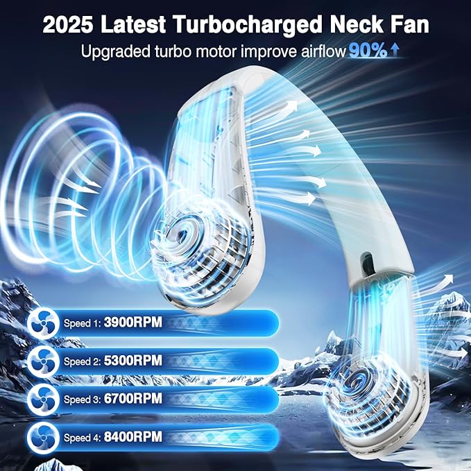 ChillGo Portable Neck Fan - 8400 RPM Enlarged Turbo Airflow - 5200mAh Personal Rechargeable Cooling Wearable Fan - Max 16H, 4 Speeds, Foldable, LED Display - Great Gifts for Men Women - NYC Snowfall