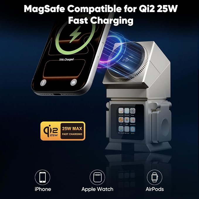 Robot 7-in-1 Wireless Charging Station, Qi2.2 25W Magnetic Rotating Charger for iPhone 17-12 Series, iWatch, AirPods, Bluetooth Speaker, Alarm Clock with LCD Display, Desk Organizer & Decor, Sliver