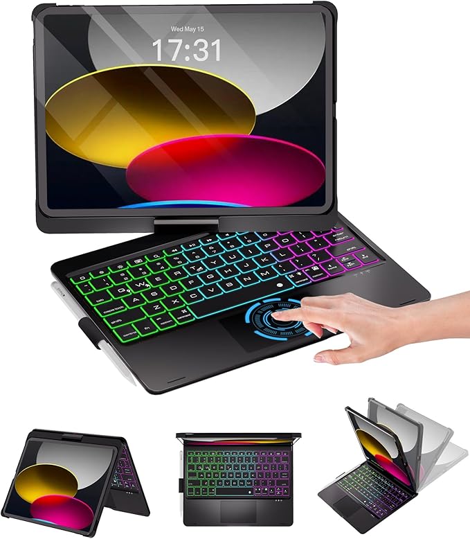 Baisla iPad 10th Generation Case with Keyboard 10.9" & iPad 11th (A16) & iPad Air 11 (M4/M3/M2), Multi Trackpad, 360 Swivel & Rainbow Backlit for iPad Air 5th/4th,iPad Pro 11 4th/3rd/2nd/1st - Black