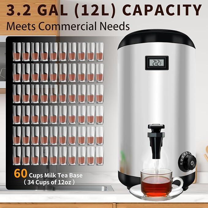 Drink Dispenser with Heating Insulated Beverage Dispenser, Electric Heating Beverage Dispenser-75 Cup Hot&Cold water Urn,Stainless Steel Hot Drink Dispenser 12 L/3.2 Gallon for tea,Juice