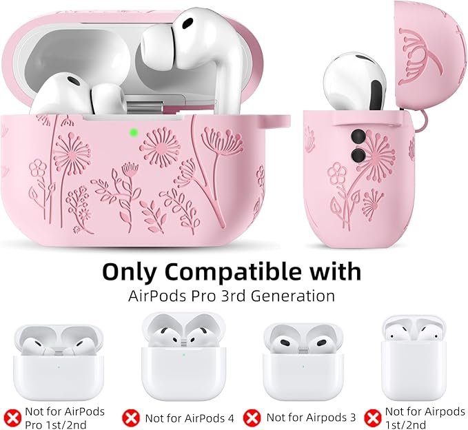 Lerobo for AirPods Pro 3 Case Cover with Cleaner Kit, Cute Flower Engraved Silicone Protective Cover with Keychain Compatible with Apple AirPod Pro 3rd Generation Case 2025 for Women and Girls, Pink