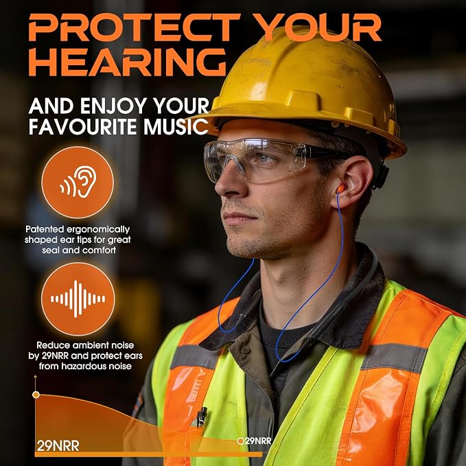 MIPEACE Bluetooth Earplug Headphones, Neckband Ear Protection Work earbuds-29db Noise Reduction Safety Headphones with Replacement Buds,19+Hour Battery for Lawn Mowing DIY (Orange)