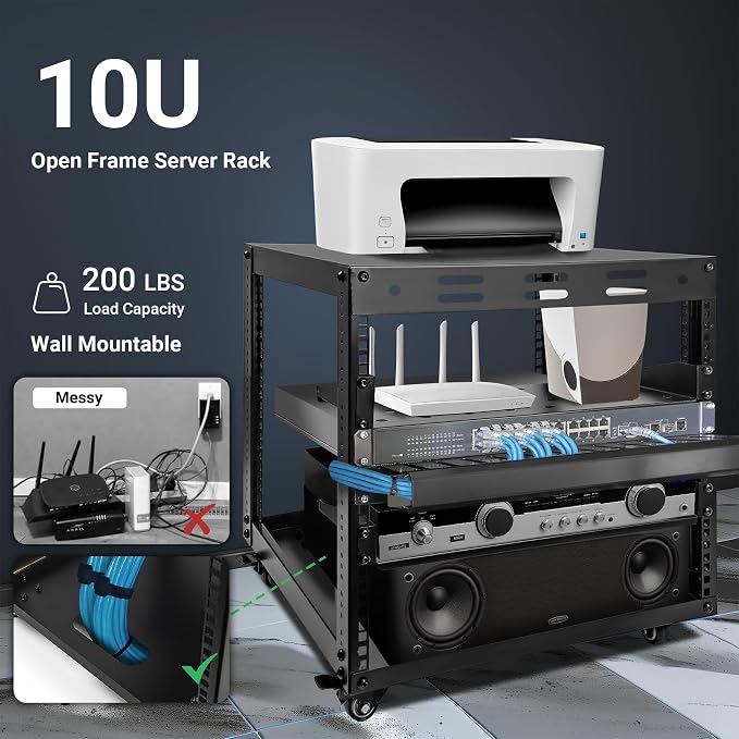 Upgraded 10U Server Rack - 19.7”L x 18.8”W x 23.4”H Open Frame Network Rack, Wall-Mountable & Freestanding with 4 Swivel Casters & 2 Shelves, for Computer/Data/IT/Stereo Equipment, New Model