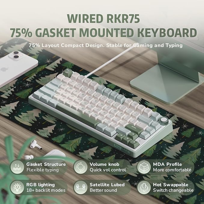 RK ROYAL KLUDGE R75 Mechanical Keyboard Wired with Volume Knob, 75% Keyboard Gasket Mounted, RGB Backlit, Creamy Keyboard with MDA Profile, PBT Keycaps, Hot Swappable Pre-lubed Tactile Switch