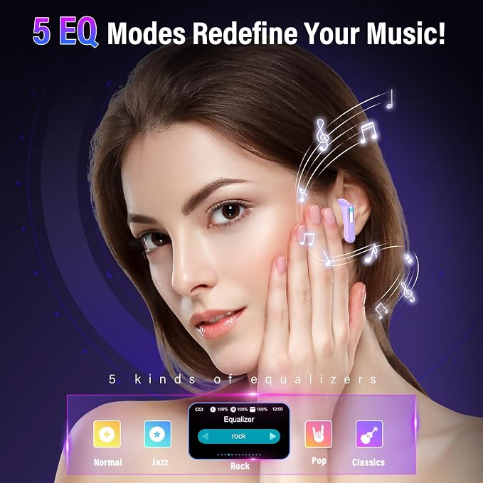 Wireless Earbuds with Touch Screen, Bluetooth 5.4 Headphones, ANC/ENC Noise Cancelling, 48H HiFi Stereo Bluetooth Ear Buds with 5 EQ Modes, Transparency Mode, IPX7 Earphones, Purple