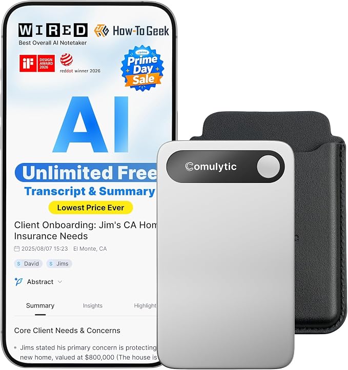 Comulytic Note Pro AI Voice Recorder, Unlimited Transcribe & Summarize, AI Note Taking Recording Device w/Case, App Control, 113 Languages for Calls, Meetings, Lectures, Interviews, Silver