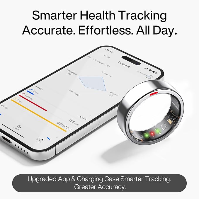 Smart Ring Pro, No App Subscription, Sleep & Activity Tracker with Heart Rate Monitoring, 7 Days Battery Life, IP68 Waterproof Fitness Ring, Compatible with iOS & Android(Matte Silver,10)