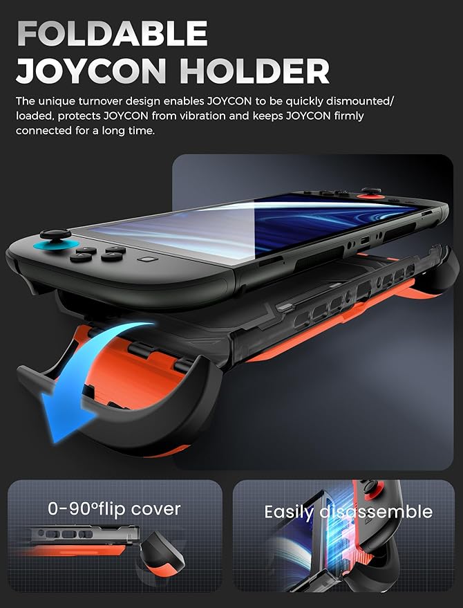 Mumba Dockable for Nintendo Switch 2 Case with Flip Stand, [Titan] Ergonomic Switch 2 Grip Protective Cover Holds 5 Game Cards & 2 TF Cards TPU Accessories and Quick-Release Joy-Con Design (Orange)