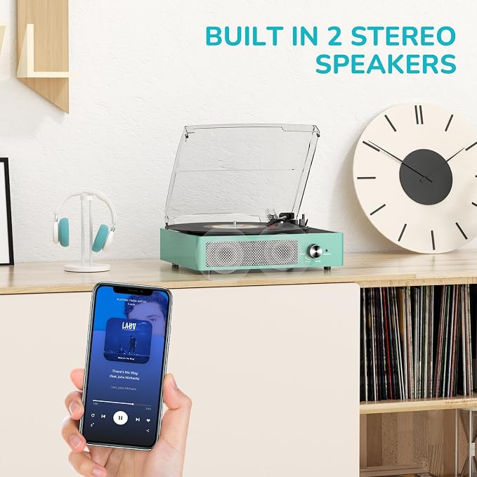 Record Player for Vinyl with 2 Build-in Speakers LP Vinyl Players Belt-Driven Vintage Turntables 3 Speed 3 Size, Wireless Bluetooth Playback, AUX-in, RCA Out, Headphone, Auto Stop,Water Blue