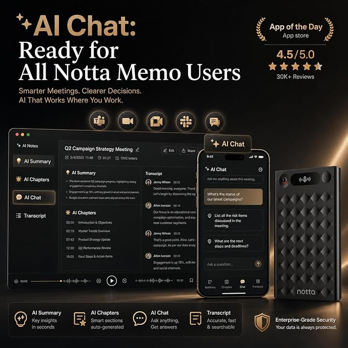 AI Voice Recorder, Notta Memo Digital Voice Recorder w/Case, AI Transcription & Summary of Global Main Languages, 2000h Recording Memory, One-Press Recording for Calls, Meetings, Interviews, Lectures