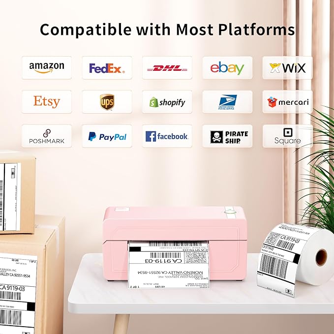 JADENS Pink Thermal Label Printer & 1 Roll Thermal Labels