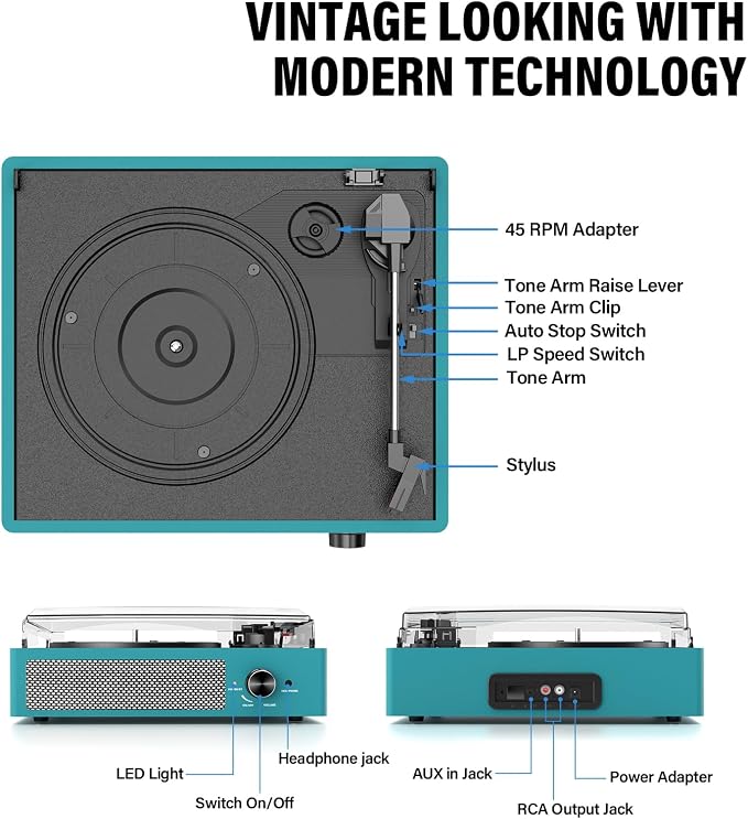 Record Player for Vinyl with 2 Build-in Speakers LP Vinyl Players Belt-Driven Vintage Turntables 3 Speed 3 Size, Wireless Bluetooth Playback, AUX-in, RCA Out, Headphone, Auto Stop Sea Blue