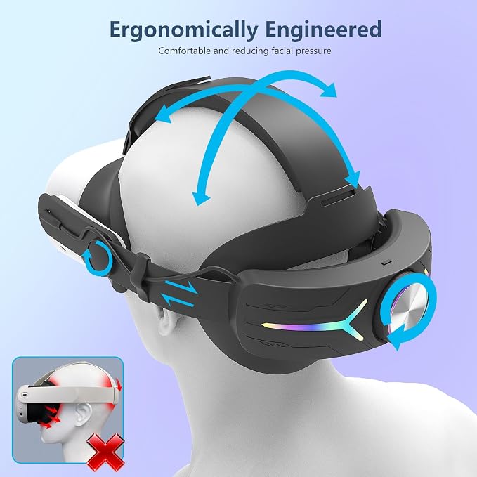 Head Strap for Meta Quest 3/3s Accessories Upgraded RGB Lighted with Battery 12000mAh, Quick Charge for Extended Playtime, to Reduce Facial Stress, Adjustable Elite Strap, (Black-1)