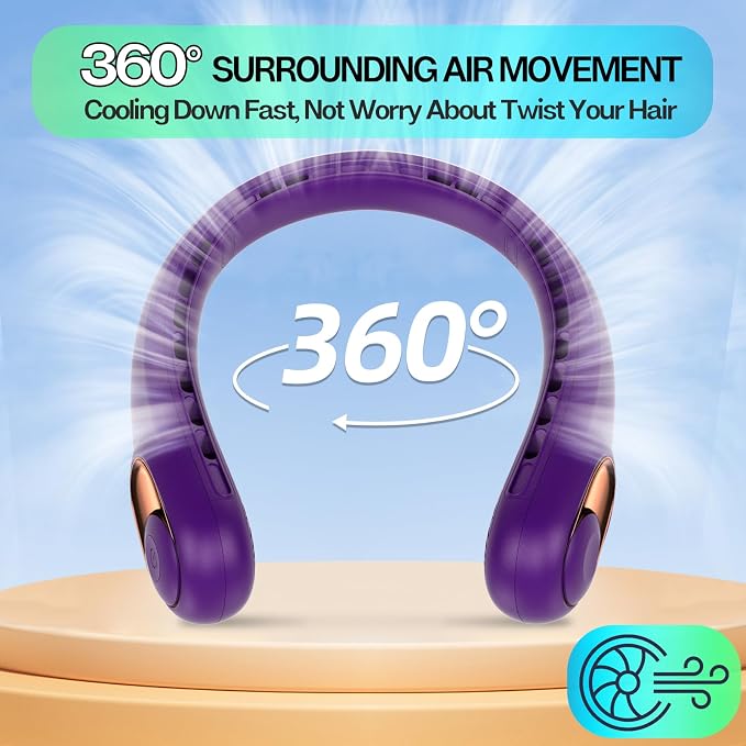 KIDEE Portable Neck Fan, Hands Free Bladeless Fan Rechargeable, 4000mAh Battery Operated USB Wearable Personal Fan, Upgraded Air Volume, 3 Speeds