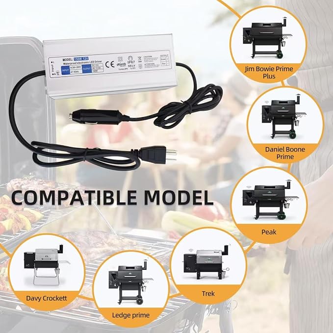 Waterproof 12V Power Adapter Compatible with GMG Green Mountain Grill Jim Bowie, Daniel Boone, Davy Crockett Prime/Prime Plus Grill, P-1001 P-1266 Power Cord Replacement Part for Ledge Peak Trek
