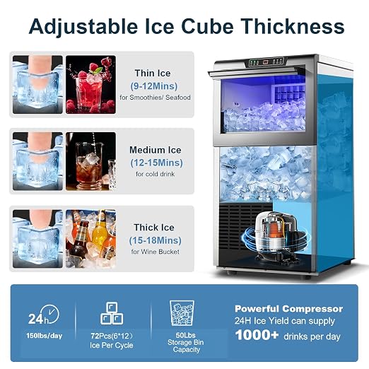 Amzgachfktch Commercial Ice Maker 150lbs/24H Under Counter Ice Maker, 50lbs Ice Storage, Ice Maker Commercial for Home Bar Restaurant, Blue Light, Self-Cleaning, LED Digital Display