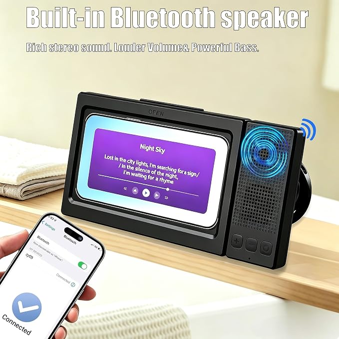 Shower Phone Holder with Wireless Bluetooth Speaker for iPhone,2026 New Waterproof 480° Rotation Adjustable Shower Phone Case Accessories, Wall Phones Mount Stand Speakers for Bathroom Mirror