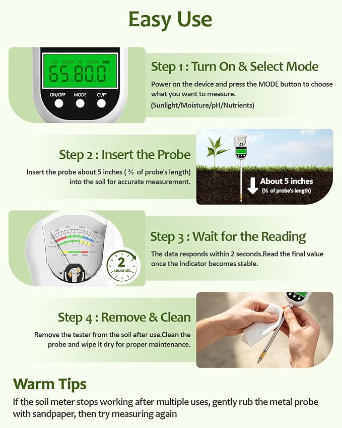 7-in-1 Soil Test Kit, Soil Moisture Meter/pH Meter/Light Intensity/Fertility/Air & Soil Hygrometer Temperature with Large Dual Display for Garden,Lawn, Farm, Indoor Outdoor Plants-Warm White