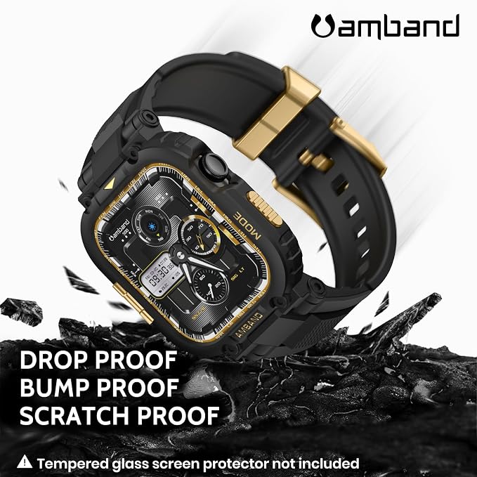 amBand Compatible with Apple Watch Series 11/10 46mm Bands Case for Men, M1 Sport Rugged Heavy Duty Cover Tactical Strap Military Protector Bumper for iWatch Workout Accessories 46 mm - Black Gold