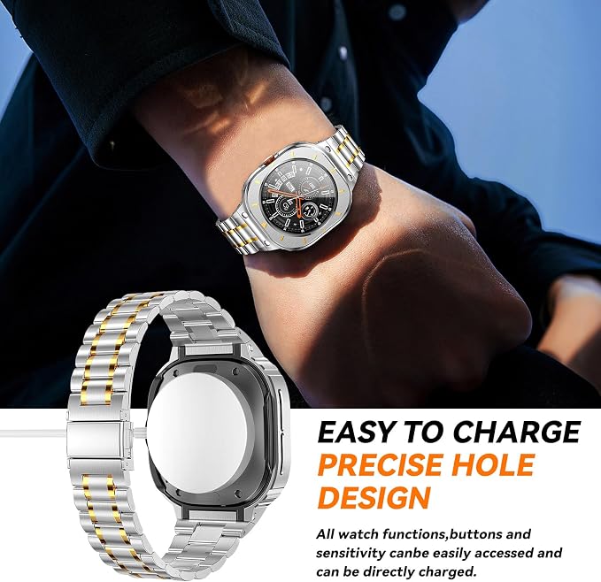 BAITEYOU Stainless Steel Bands with Case Compatible with Samsung Galaxy Watch Ultra 2/1 47mm (2025 2024), Rugged Protector Cover Metal Band for Galaxy Watch 7 8 Ultra for Men (Silver & Gold)