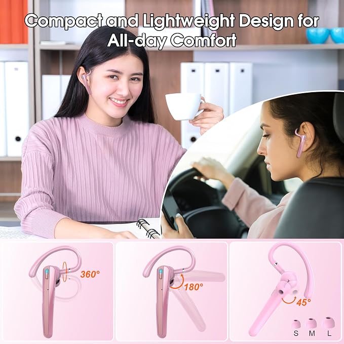Bluetooth Headset V5.3, Wireless Headset with ENC Noise Canceling Mic, 120Hrs Talk Single-Ear Bluetooth Earpiece, LED Display, IP7 Waterproof Hand-Free Earphone for Business/Trucker/Driver, Pink