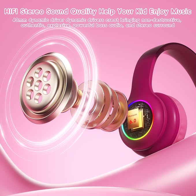 Candy Bila Kids Bluetooth 6.0 Headphones with LED Light, 85Hours Playtimes, Type-C Fast Charging, 85/94dB Volume Limited, Comfort Wireless Headphones with Built-in Mic, Wired & TF Card Mode, Hot Red