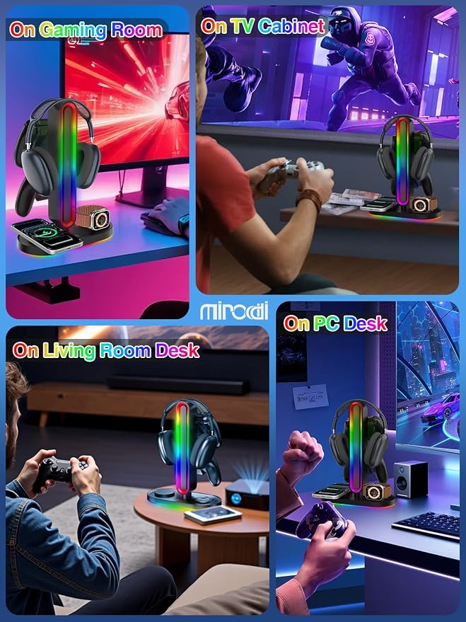 RGB Headset Stand with Wireless Charger, 8-in-1 Charging Station for iPhone, Samsung, Apple Watch Type-C/USB Ports, Gaming Headphone & Controllers Holder, Organizer for Desk Includes 20W PD Adapter