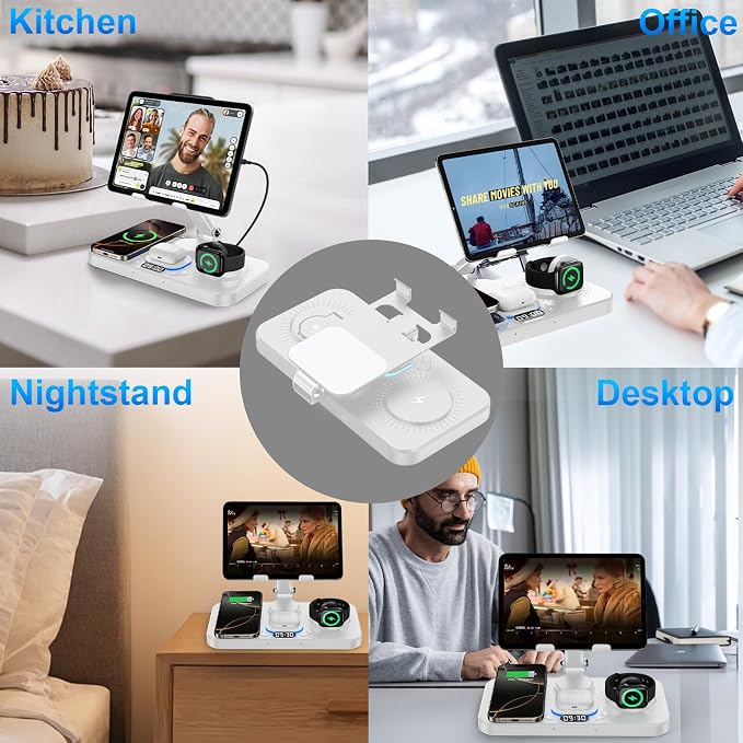 6 in 1 Wireless Charger for Apple Device, 30W Foldable Wired Charging for ipad with Clock & 7 Color Ambient Light, Nightstand Charger Station for iPhone 17