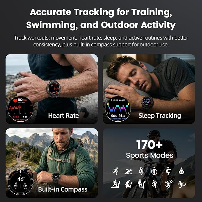 WalkerFit Smart Watch for Men, Rugged Tactical Fitness Tracker with 1.43" AMOLED Display, Bluetooth Calls, 5ATM Waterproof, 170+ Sports, SpO2/Heart Rate Monitor, 2 Bands, iPhone/Android Compatible