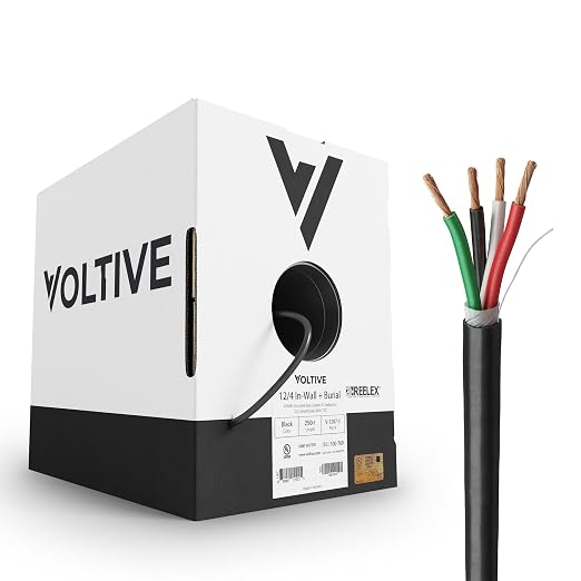 Voltive 12/4 Speaker Wire, in-Wall CL3 & Direct Burial, Black, 250ft - 12AWG, 4 Conductors, Stranded Oxygen-Free Copper, UL Listed - V-1207-3