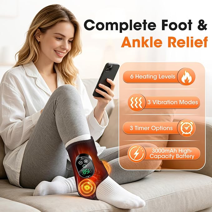 Cordless Ankle Heating Pad & Foot Massager, Rechargeable Heated Ankle Wrap with 6 Heat Levels & 3 Vibration Modes, Adjustable Foot Warmer Brace for Ankle, Foot & Elbow, Portable Heat and Massage Wrap