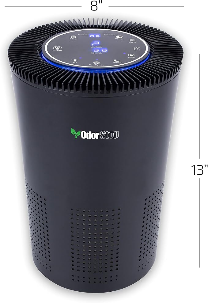 OdorStop OSAP5 HEPA Air Purifier for areas up to 1000 Sq Ft with H13 True HEPA Filter, Active Carbon, 5-Speed, Auto Mode, Sleep Mode, Child Lock, and Timer - Black