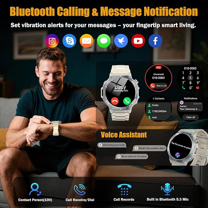 Jugeman Military Smart Watch for Men Answer Make Calls, 5ATM Waterproof Rugged Fitness Tracker with GPS, LED Flashlight, Compass, Heart Rate Sleep Monitor,1.43" AMOLED Display Smartwatch