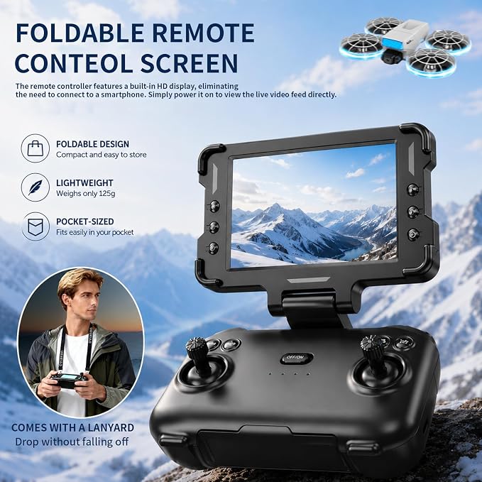 HD Camera Drone with Foldable Remote Controller Featuring Built-in Display and Detachable Lanyard, Portable Foldable Body Weighing Under 250g, Propeller Guards, RC Quadcopter with 360-Degree Flip, One-Key Takeoff/Landing, Ideal Gift for Beginners and A...