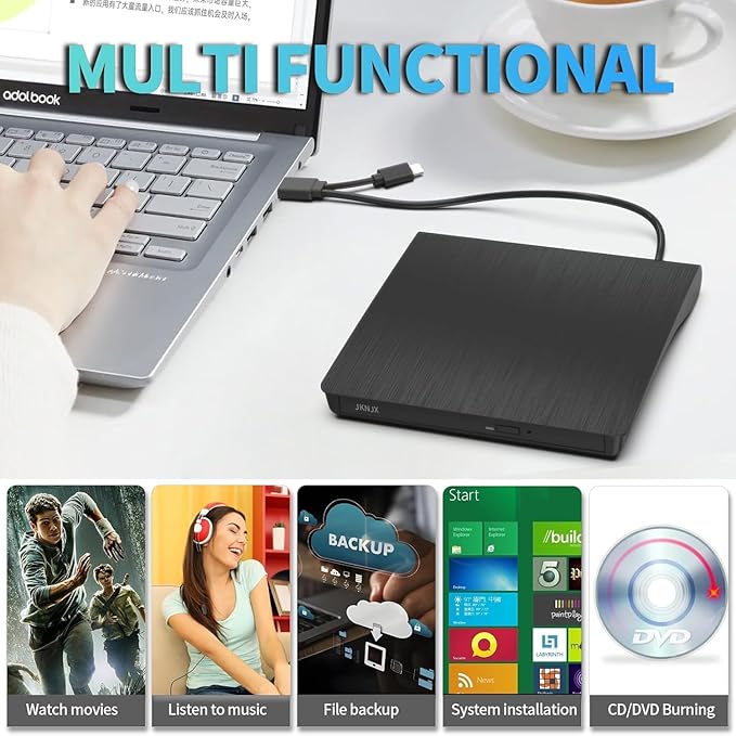 External CD DVD Drive,USB 3.0 and Type-C CD DVD Disc Reader Writer Burner Player,Slim and Portable CD DVD +/-RW Optical Drive for PC Laptop Desktop MacBook Mac Windows 7/8.1/10/11 Linux OS Apple