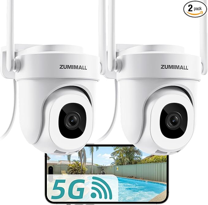 ZUMIMALL 2K Wired Outdoor Camera, 2.4G/5G WiFi Security Camera, 3MP, 24/7 Recording, AI Motion Detection, Cloud & SD Card Storage, 2-Way Audio, 360° PTZ Auto Tracking, Work with Alexa, IP66-2-Pack