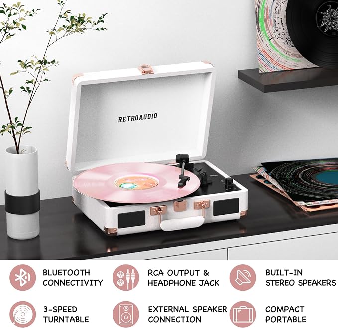 Vinyl Record Player with Built-in Speakers 3-Speed Vintage Record Player Bluetooth Portable Suitcase Turntable Belt-Driven LP Player Support RCA Output and Headphone Output (White Rose Gold)